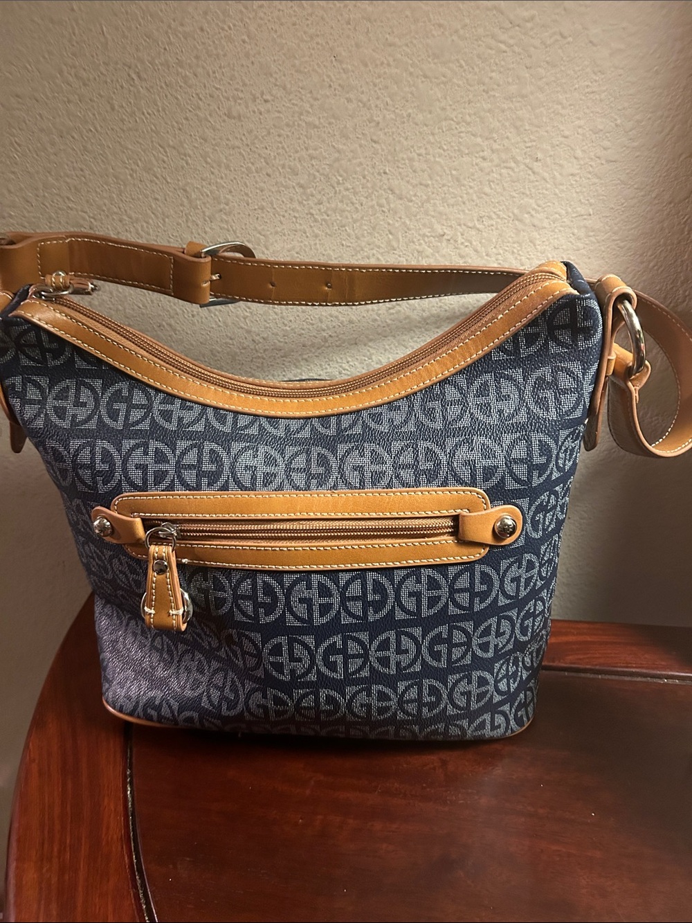Giani Bernini Blue Logo-Print Shoulder Bag with Tan Trim